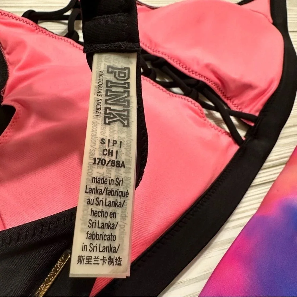 Victoria's Secret PINK Bikini Set Black Lace Up Top Tie Dye Caged Bottoms Small